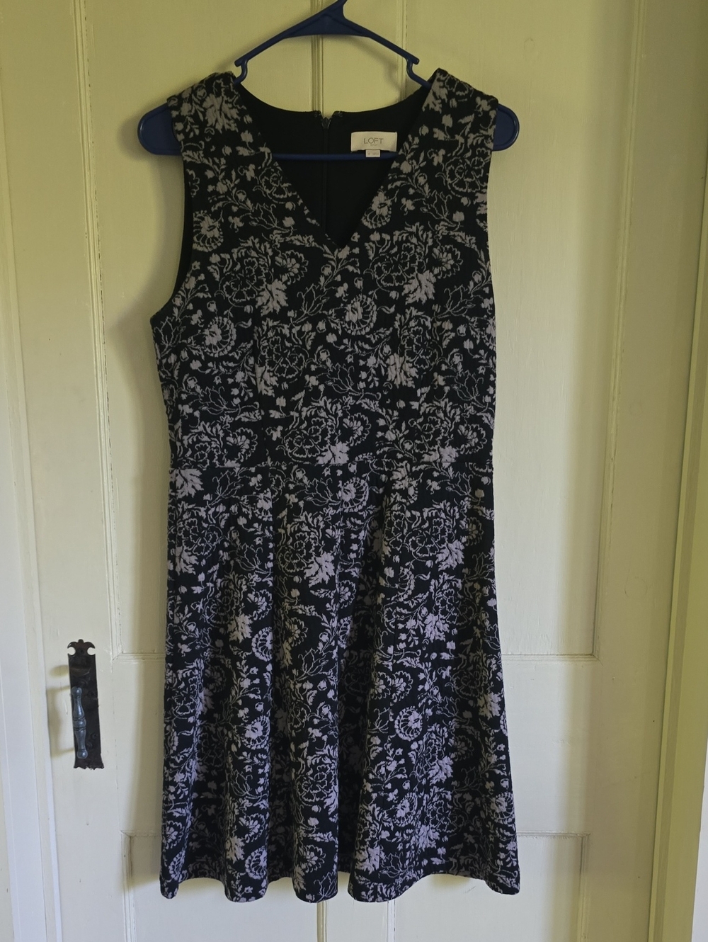 LOFT Black Midi Dress with Pale Pink Floral Pattern